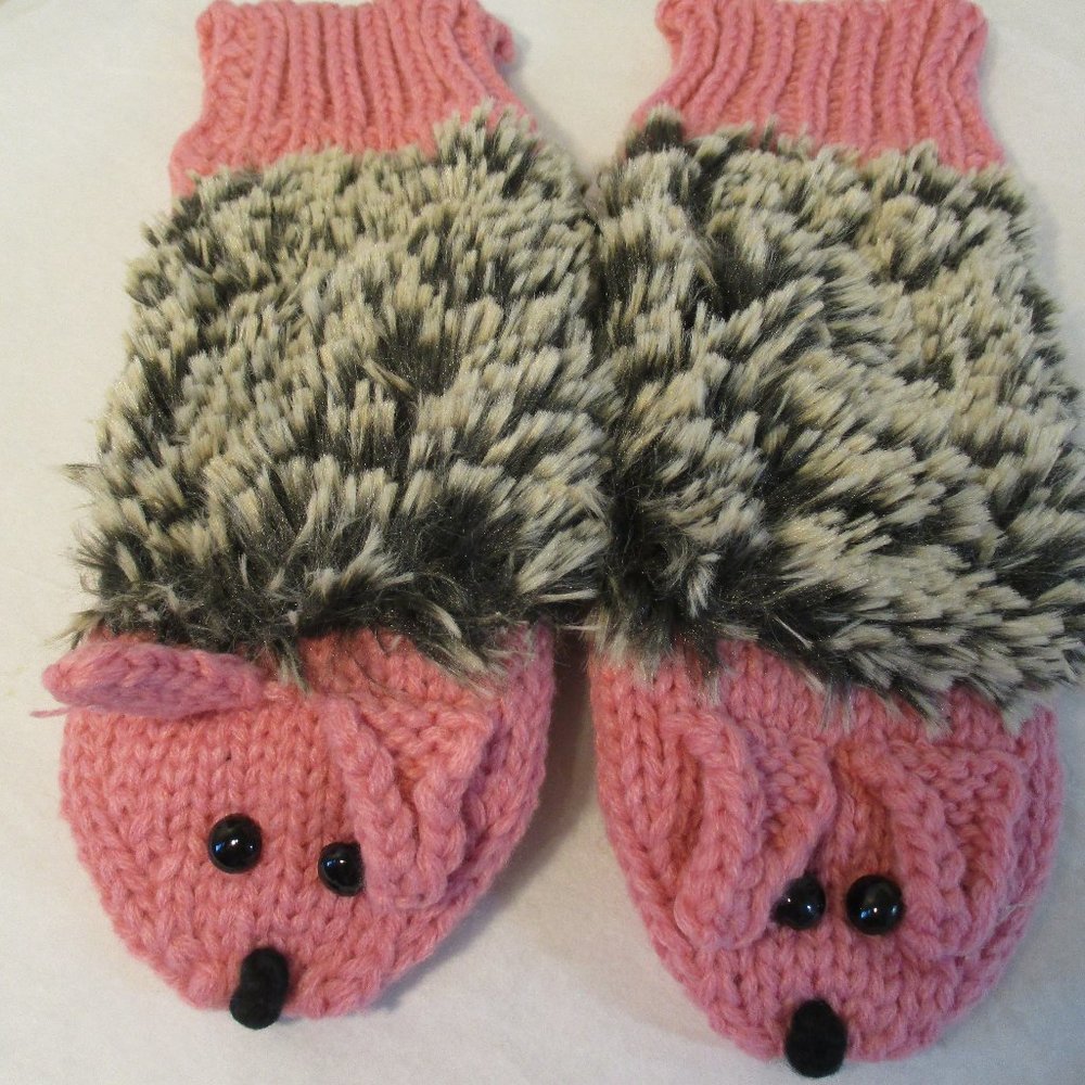 New Nip Pink Knit Furry Porcupine Hedgehog  Mittens